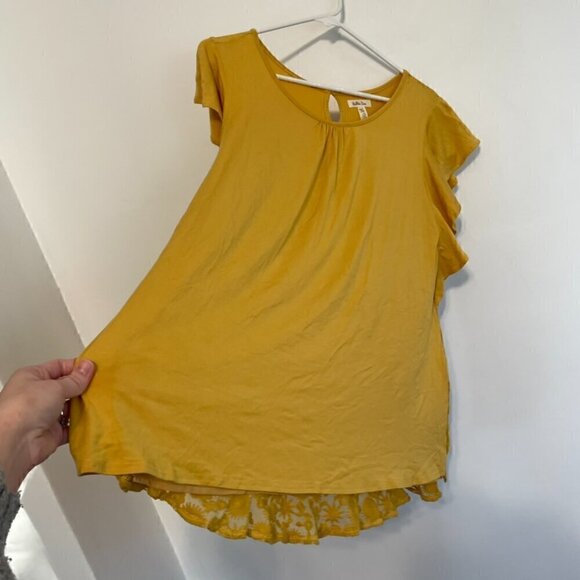 MATILDA JANE Bocce Ball Lace Accent Top Mustard Yellow Lace Back Short Sleeve M - Picture 11 of 16